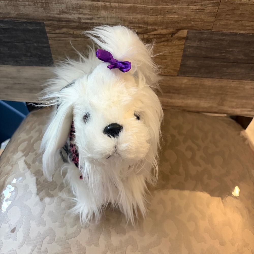 Battat White Maltese Plush Dog Pink Leopard Harness Purple Bow Stuffed Animal
